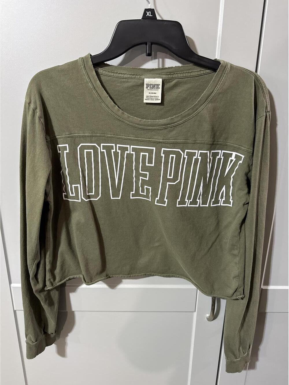 Victoria's Secret PINK Olive Green Cropped Long Sleeve Tee - Medium